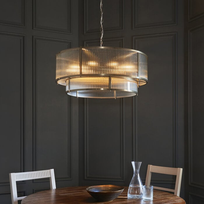 Morgan Large Ribbed Glass Chandelier - Antique Brass