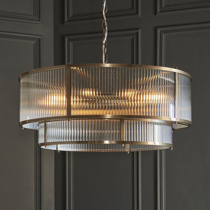 Morgan Large Ribbed Glass Chandelier - Antique Brass