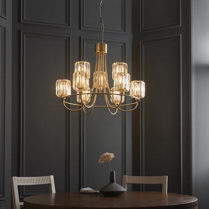 Berenice 9 light tiered chandelier pendant - brass and glass