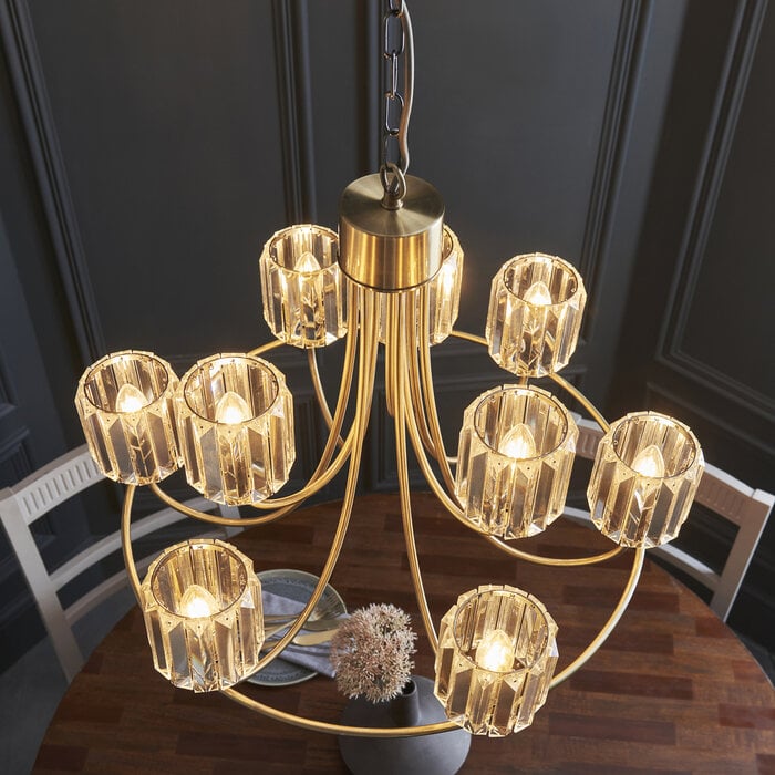 Berenice 9 light tiered chandelier pendant - brass and glass