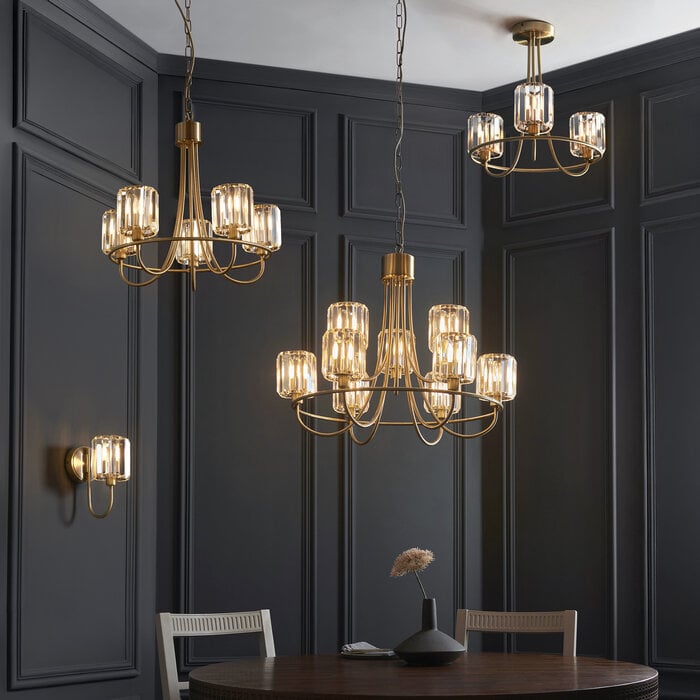 Berenice 9 light tiered chandelier pendant - brass and glass