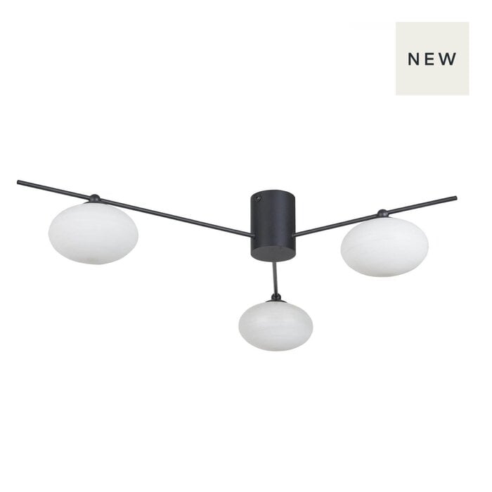 Black Semi Flush Ceiling Light – Robin - Mid Century Modern Opal Glass - 3 Light
