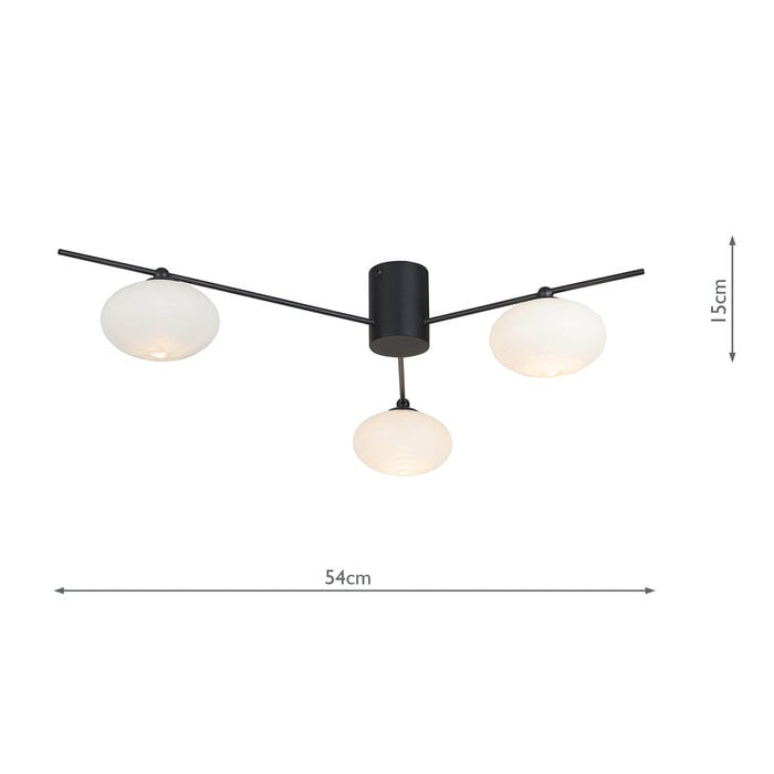 Black Semi Flush Ceiling Light – Robin - Mid Century Modern Opal Glass - 3 Light