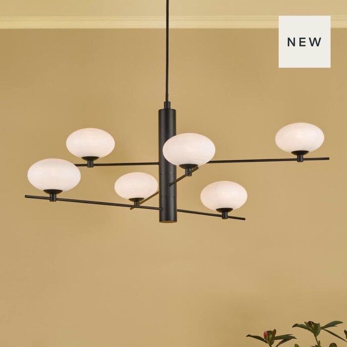 Black Feature Pendant Light – Robin - Mid Century Modern Opal Glass - 6 Light