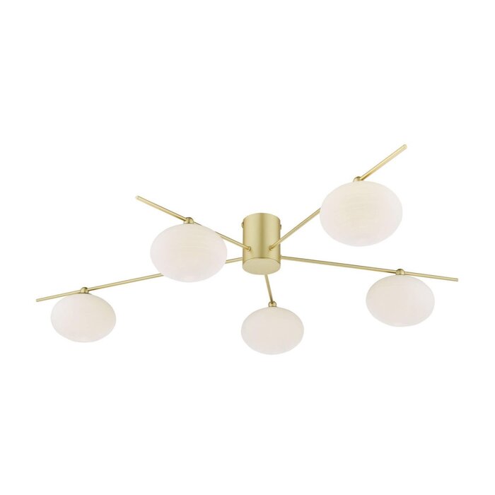 Gold Semi Flush Ceiling Light – Robin - Mid Century Modern Opal Glass - 5 Light