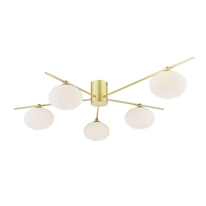 Gold Semi Flush Ceiling Light – Robin - Mid Century Modern Opal Glass - 5 Light