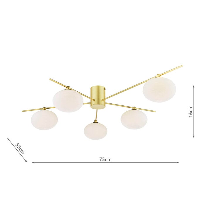 Gold Semi Flush Ceiling Light – Robin - Mid Century Modern Opal Glass - 5 Light