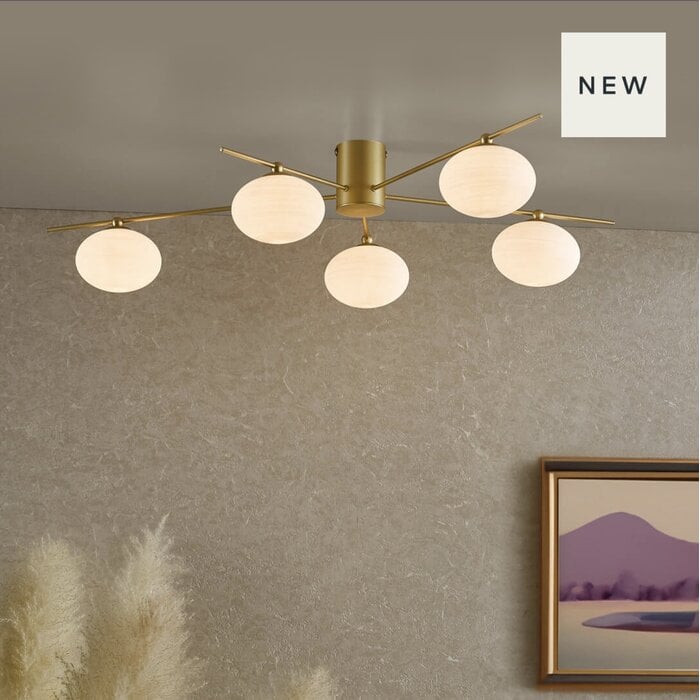 Gold Semi Flush Ceiling Light – Robin - Mid Century Modern Opal Glass - 5 Light
