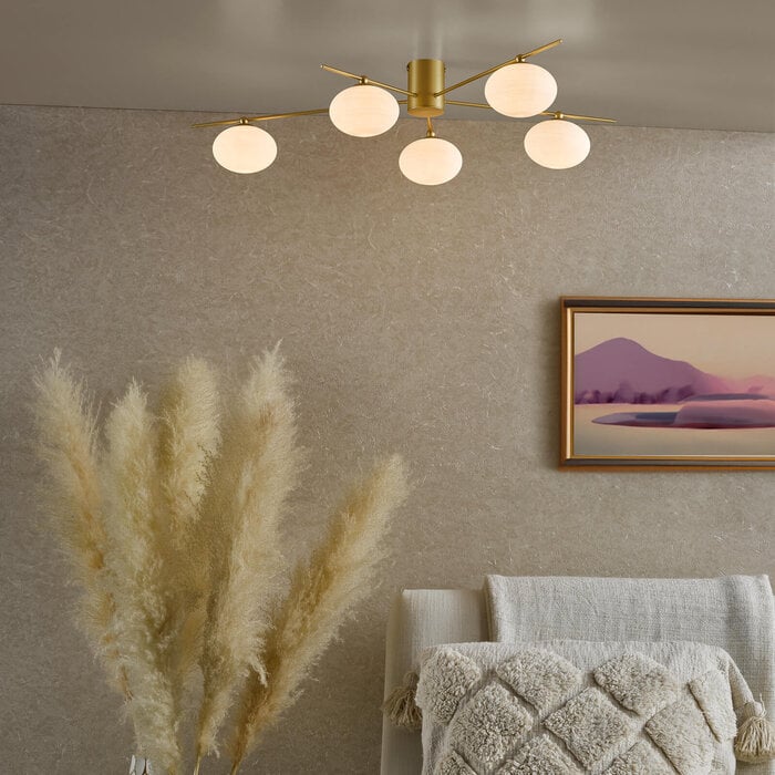 Gold Semi Flush Ceiling Light – Robin - Mid Century Modern Opal Glass - 5 Light