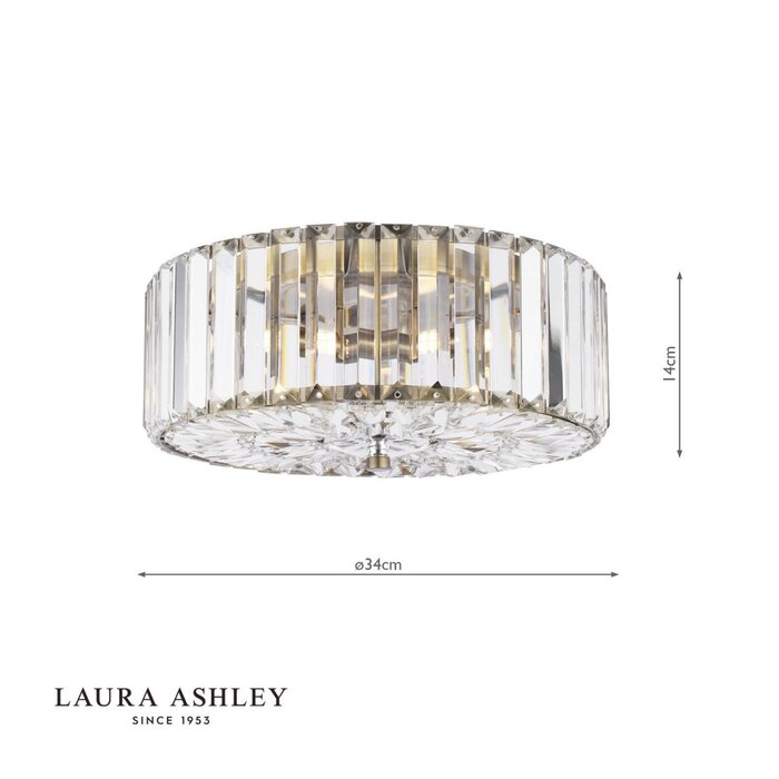 Laura Ashley Fernhurst Large 3 Light Flush Ceiling Light - Crystal and Antique Brass