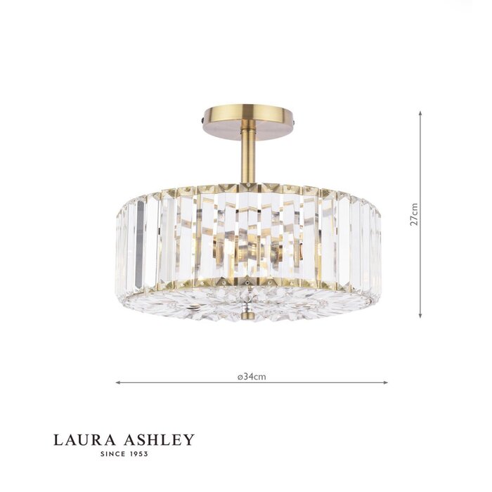 Laura Ashley Fernhurst 3 Light Semi-Flush Crystal and Antique Brass Ceiling Light