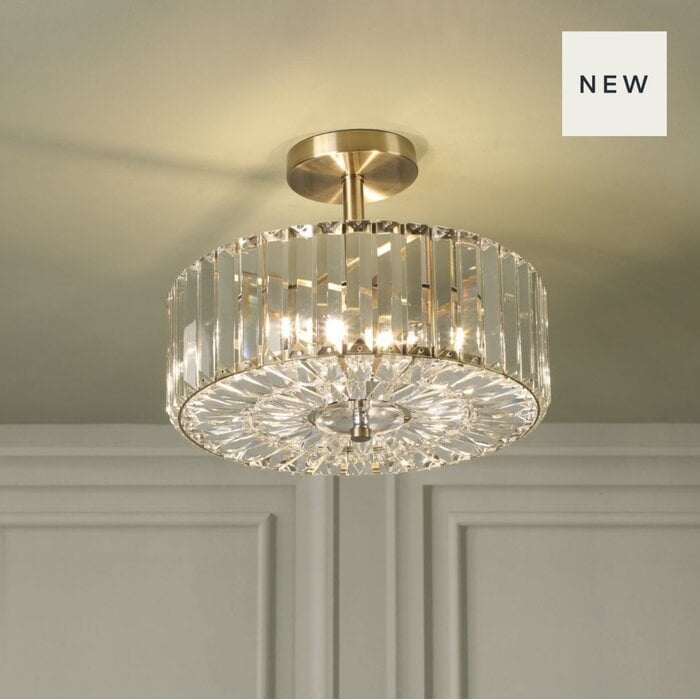 Laura Ashley Fernhurst 3 Light Semi-Flush Crystal and Antique Brass Ceiling Light
