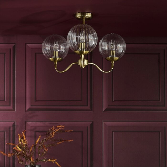 Jocelyn 3 Light Mid Centruy Semi-Flush Ceiling Light – Natural Brass and Glass Globes