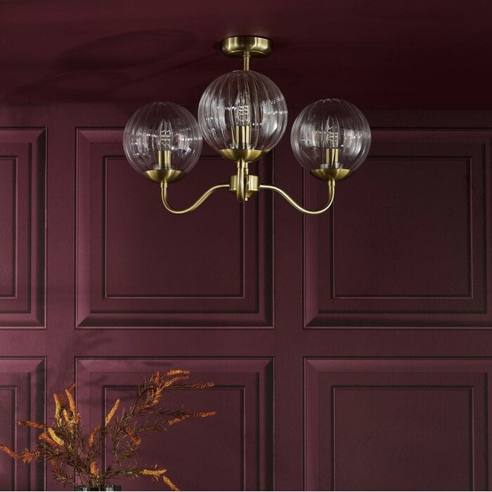 Jocelyn 3 Light Mid Century Semi-Flush Ceiling Light – Natural Brass and Glass Globes