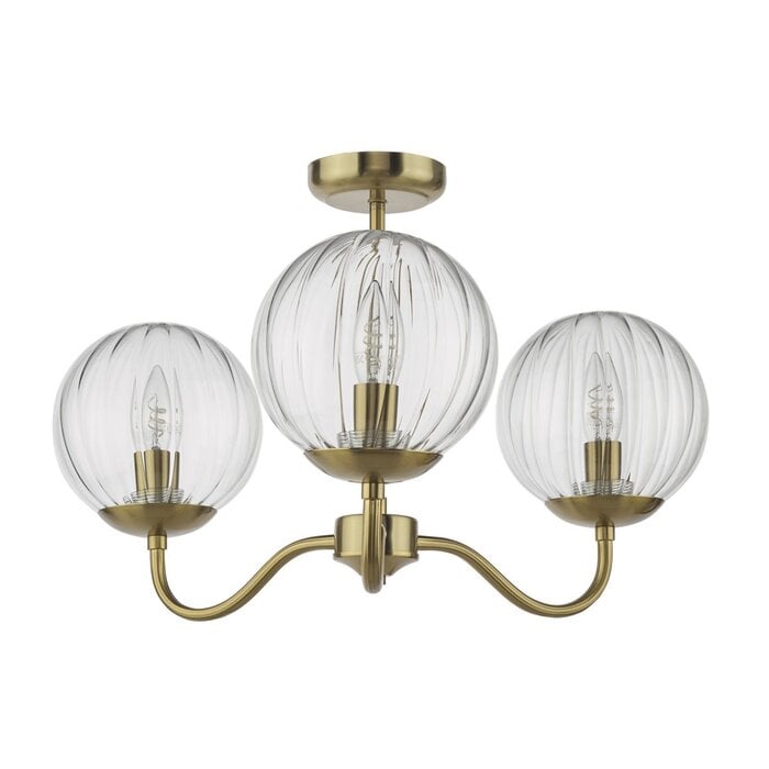 Jocelyn 3 Light Mid Century Semi-Flush Ceiling Light – Natural Brass and Glass Globes