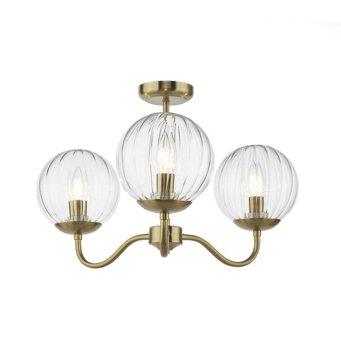 Jocelyn 3 Light Mid Century Semi-Flush Ceiling Light – Natural Brass and Glass Globes