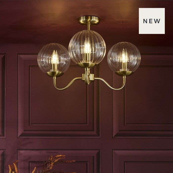 Jocelyn 3 Light Mid Century Semi-Flush Ceiling Light – Natural Brass and Glass Globes