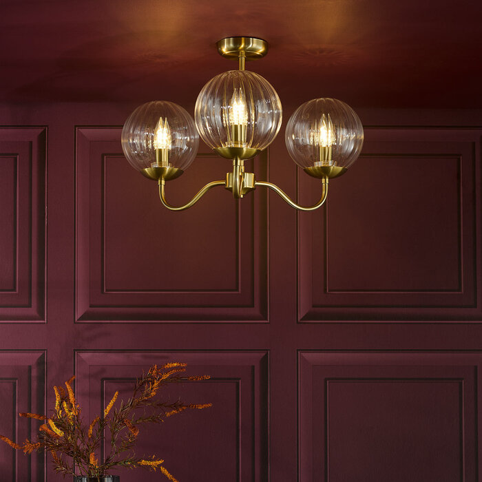 Jocelyn 3 Light Mid Centruy Semi-Flush Ceiling Light – Natural Brass and Glass Globes