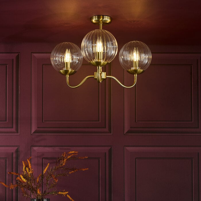 Jocelyn 3 Light Mid Century Semi-Flush Ceiling Light – Natural Brass and Glass Globes