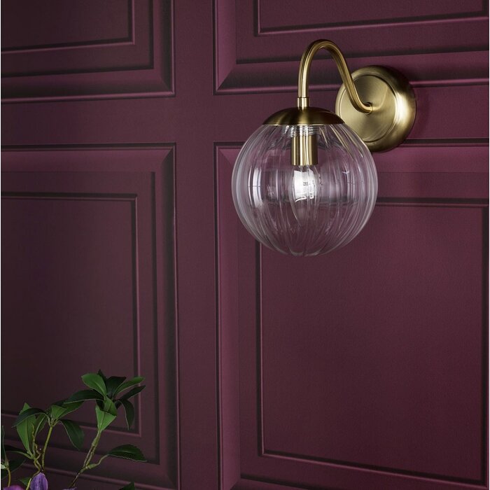 Jocelyn Mid Century Wall Light – Natural Brass and Ribbed Glass Globe