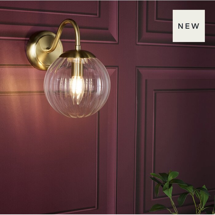 Jocelyn Mid Century Wall Light – Natural Brass and Ribbed Glass Globe
