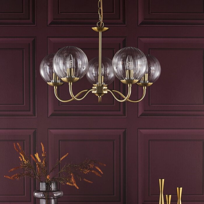 Jocelyn Mid Century Chandelier – Natural Brass and Ribbed Glass Globe