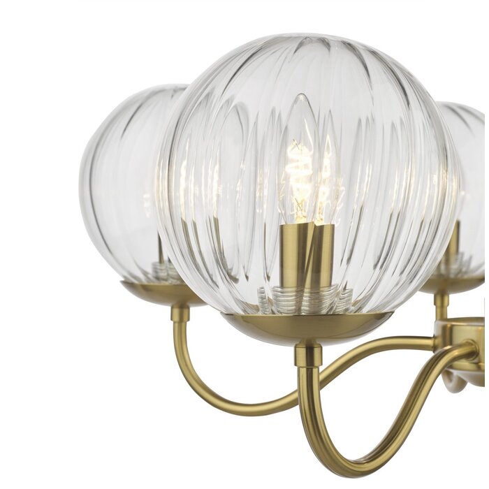 Jocelyn Mid Century Chandelier – Natural Brass and Ribbed Glass Globe
