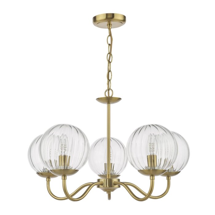 Jocelyn Mid Century Chandelier – Natural Brass and Ribbed Glass Globe