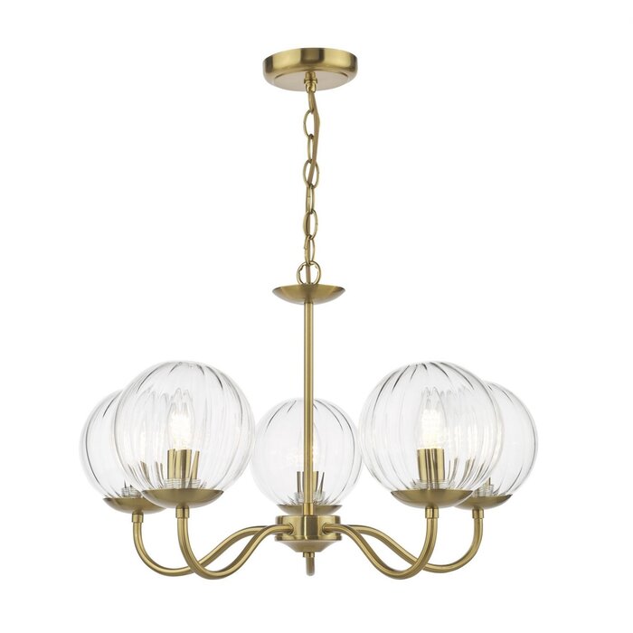 Jocelyn Mid Century Chandelier – Natural Brass and Ribbed Glass Globe