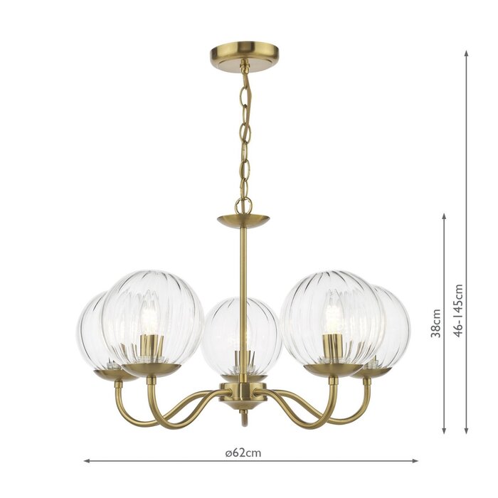 Jocelyn Mid Century Chandelier – Natural Brass and Ribbed Glass Globe