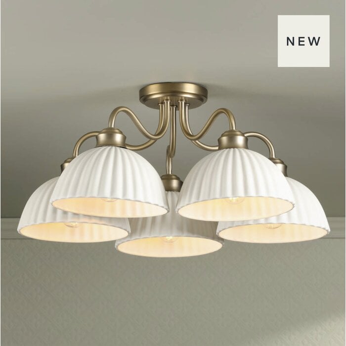 Laura Ashley Durford 5 Light Semi-Flush Ceiling Light – Matt Antique Brass and White Ceramic