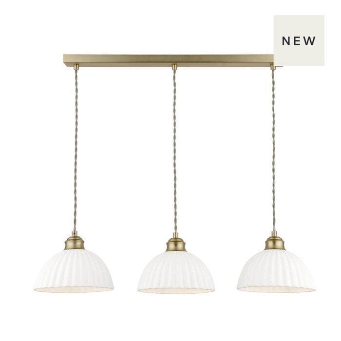 Laura Ashley Durford 3 Light Bar Pendant – Matt Antique Brass and White Ceramic Kitchen Island Light