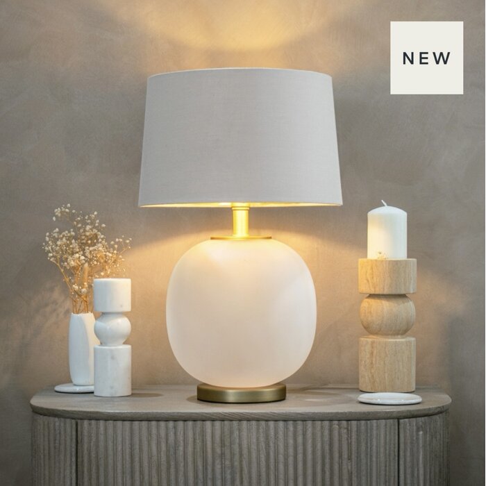 Luna Table Lamp -  Frosted White Glass and  Brass with Opal Shade with Gold Lining