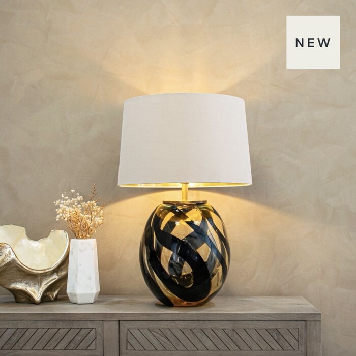 Amazonia Table Lamp - Amber Glass and Black with Gold-Lined Soft Latte Shade