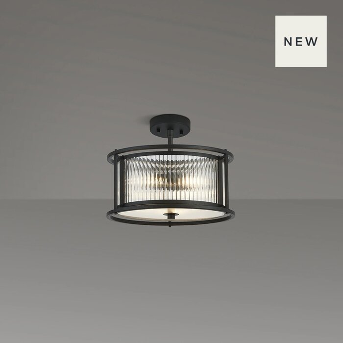 Margot - Small Semi-Flush Ceiling Light – Black with Ribbed Glass (Convertible Design)