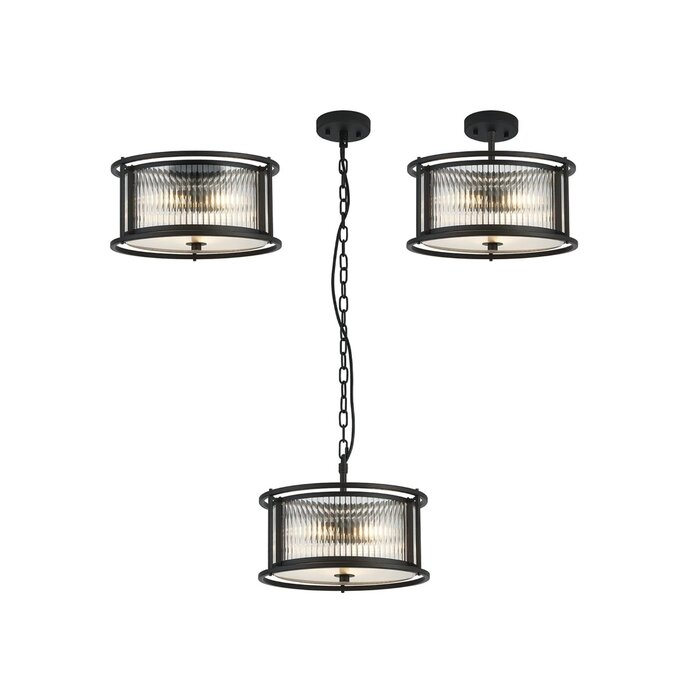 Margot - Small Pendant Ceiling Light – Black with Ribbed Glass (Convertible Design)