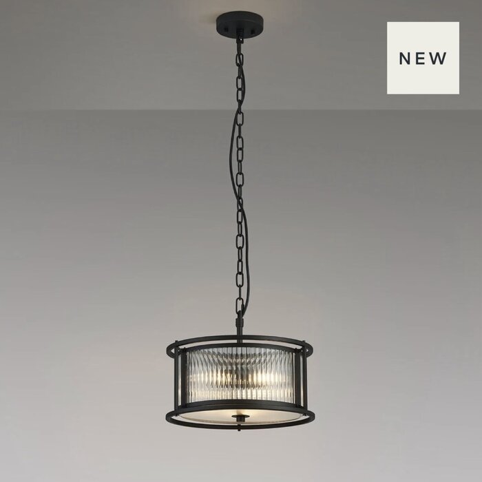 Margot - Small Pendant Ceiling Light – Black with Ribbed Glass (Convertible Design)