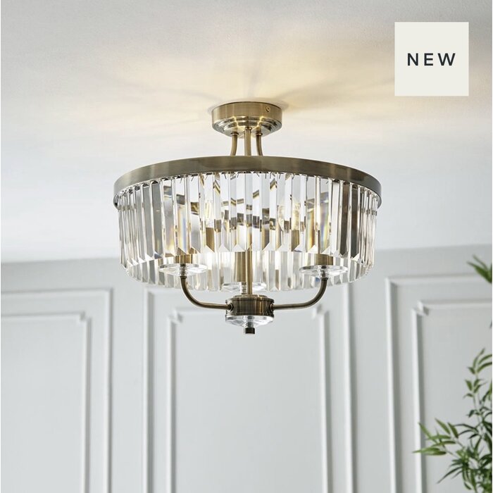 Pickering - Art Deco Semi Flush Chandelier - Clear Cut Glass & Antique Brass