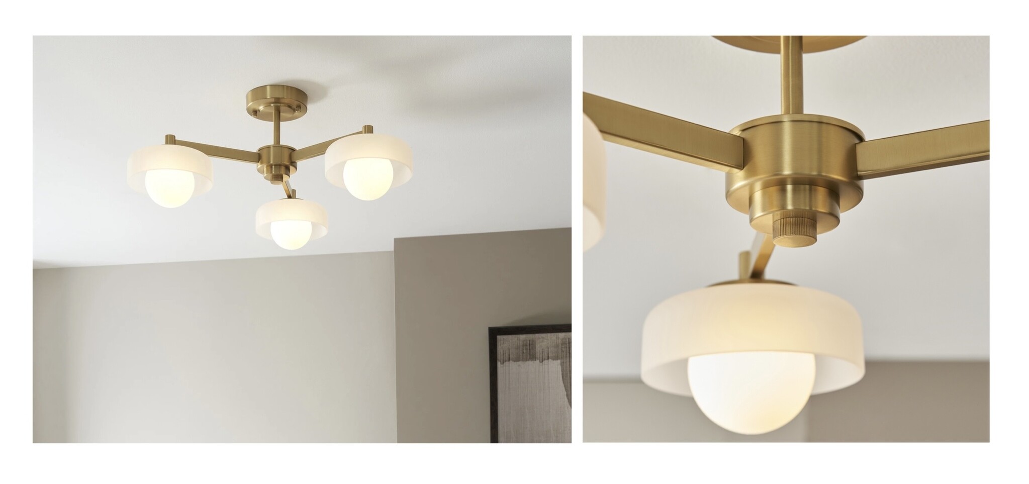 Caldera Mid Century Semi Flush Ceiling Light in aged brass with frosted glass shades 