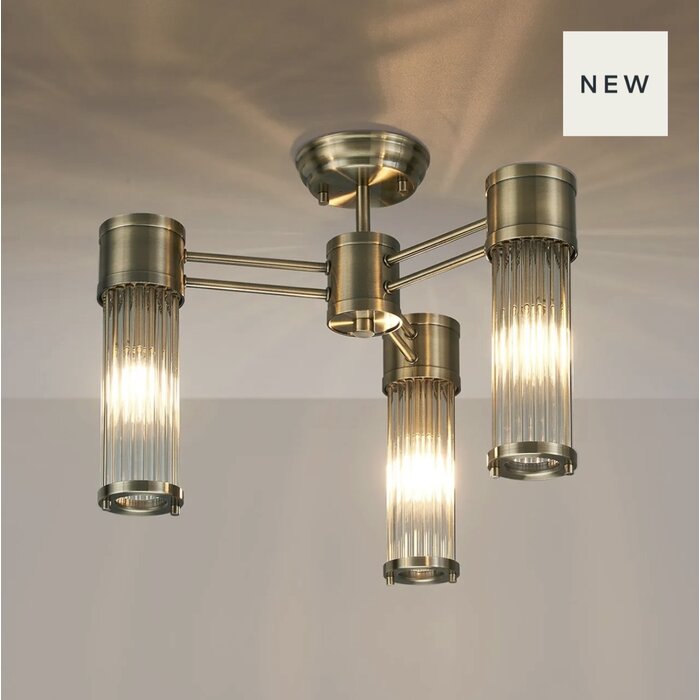 Tai - 3 Light Glass Rod Semi-Flush Ceiling Light - Antique Brass