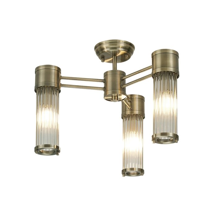 Tai - 3 Light Glass Rod Semi-Flush Ceiling Light - Antique Brass