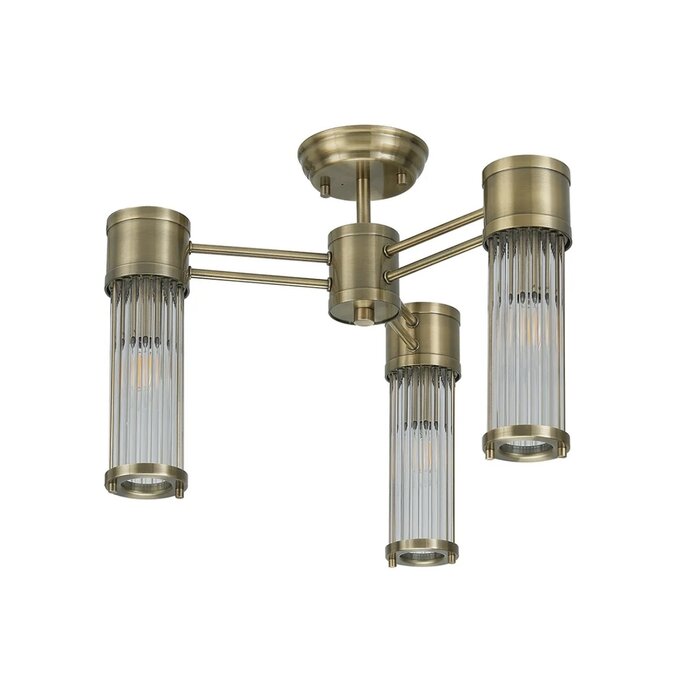 Tai - 3 Light Glass Rod Semi-Flush Ceiling Light - Antique Brass