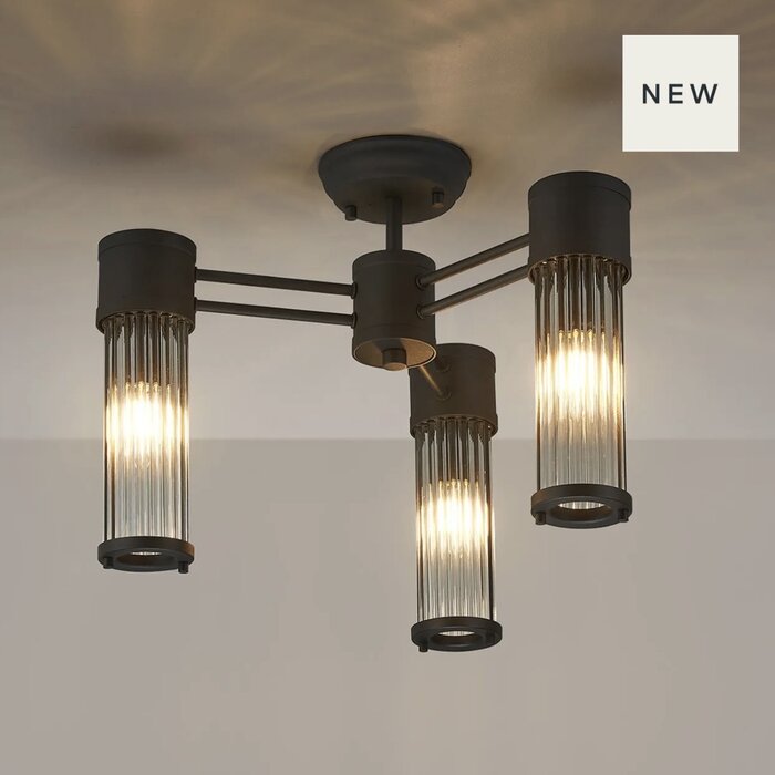 Tai - 3 Light Glass Rod Semi-Flush Ceiling Light - Black