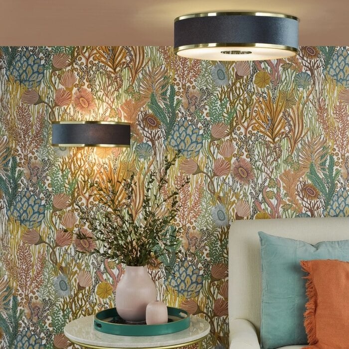 Alva  - Modern Flush Ceiling Light  - Brushed Brass and Blue Velvet - 40cm