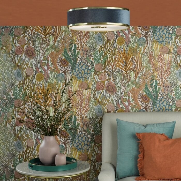 Alva  - Modern Flush Ceiling Light  - Brushed Brass and Blue Velvet - 40cm