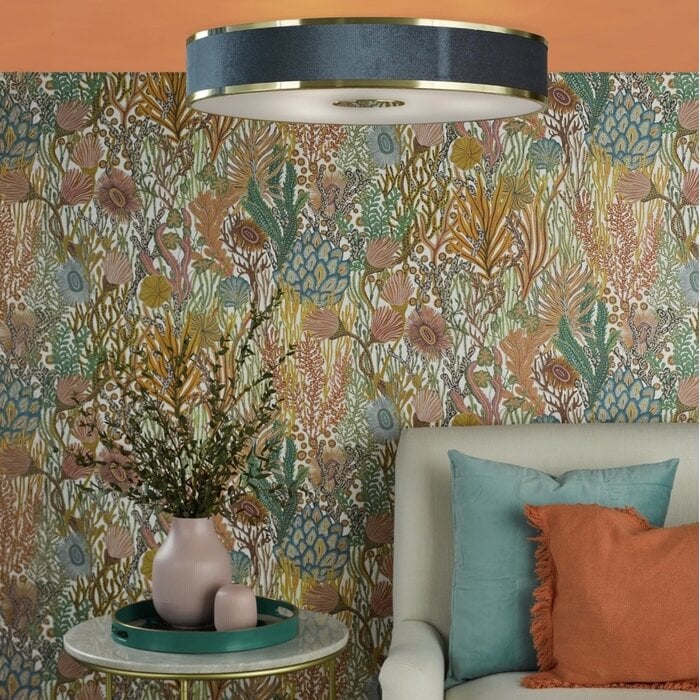 Alva  - Modern Flush Ceiling Light  - Brushed Brass and Blue Velvet - 60cm