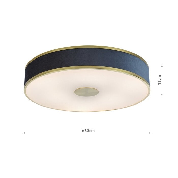Alva  - Modern Flush Ceiling Light  - Brushed Brass and Blue Velvet - 60cm