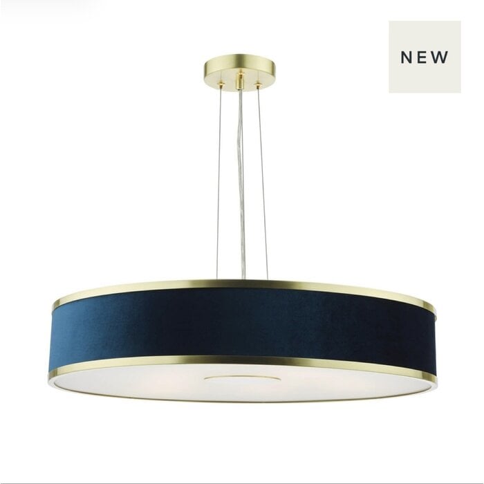 Alva  - Large Modern Pendant Ceiling Light  - Brushed Brass and Blue Velvet - 60cm