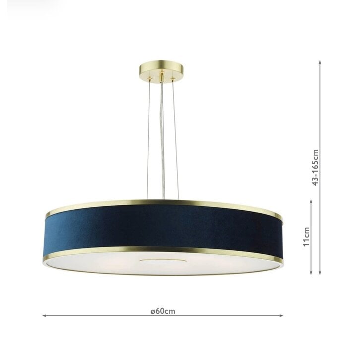 Alva  - Large Modern Pendant Ceiling Light  - Brushed Brass and Blue Velvet - 60cm