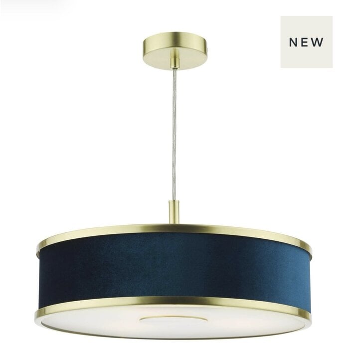 Alva  - Modern Pendant Ceiling Light  - Brushed Brass and Blue Velvet - 40cm
